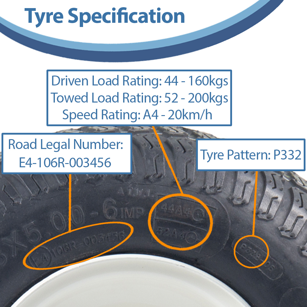 13x5.00-6 4ply P332 grass tyre on White 25x80mm ball bearing rim + cap specification