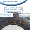 13x5.00-6 4ply P332 grass tyre on White 25x80mm ball bearing rim + cap specification