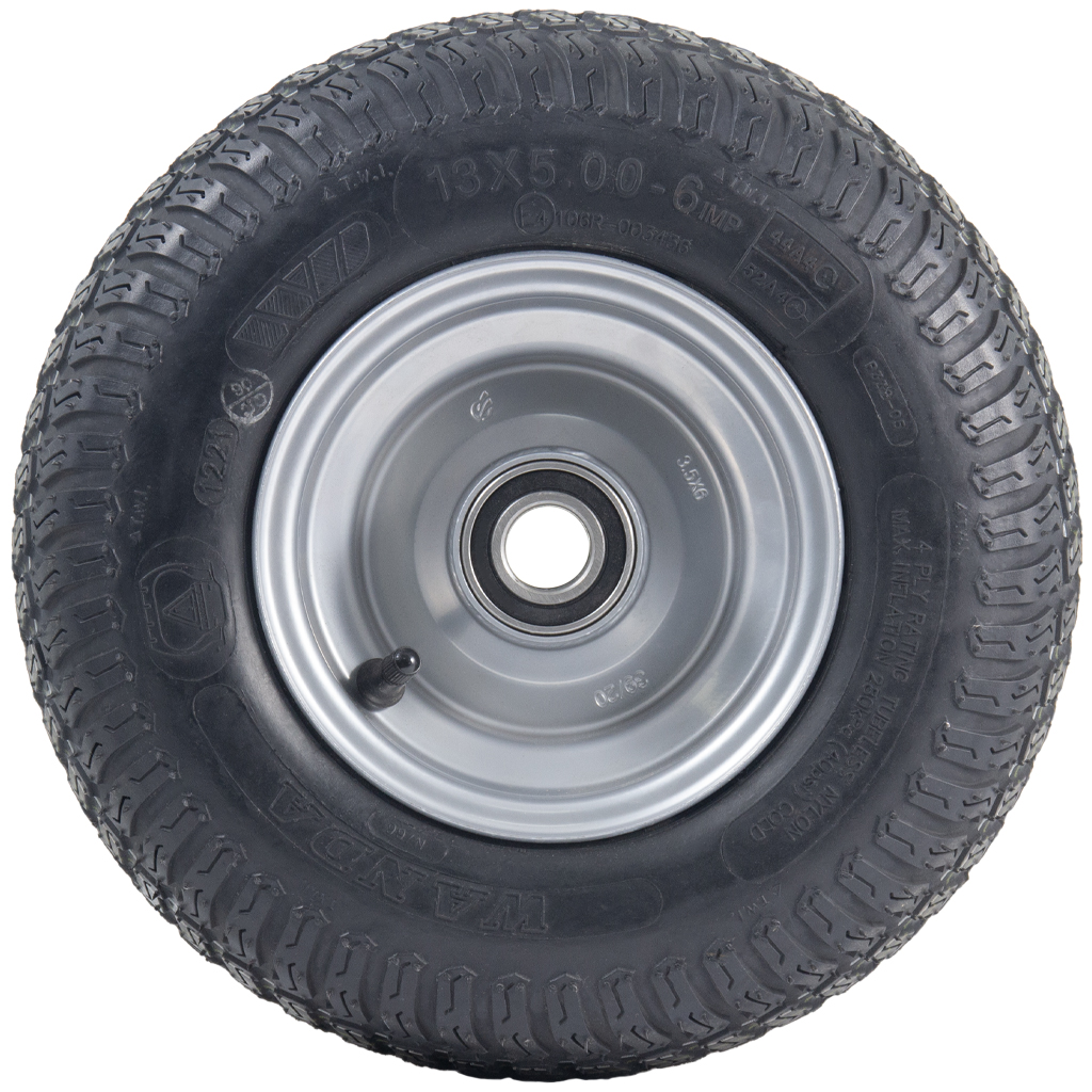 13x5.00-6 4pr Journey P332 Grass tyre E-marked TL on steel rim 25mm ball bearing 90mm hub length, 200kg load capacity side view