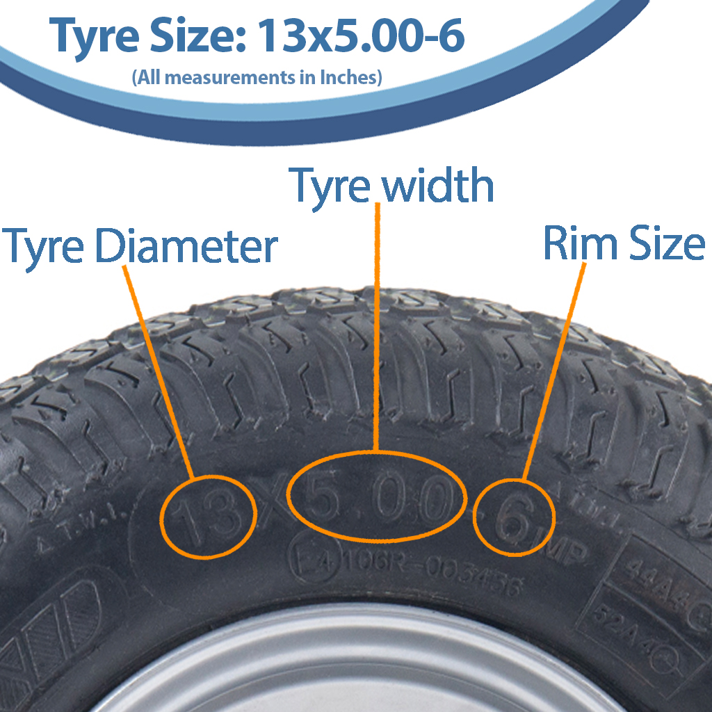 13x5.00-6 4pr Journey P332 Grass tyre E-marked TL on steel rim 25mm ball bearing 90mm hub length, 200kg load capacity size with text