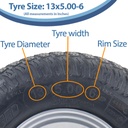 13x5.00-6 4pr Journey P332 Grass tyre E-marked TL on steel rim 25mm ball bearing 90mm hub length, 200kg load capacity size with text