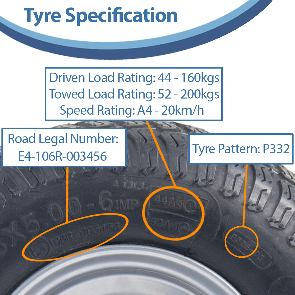 13x5.00-6 4pr Journey P332 Grass tyre E-marked TL on steel rim 25mm ball bearing 90mm hub length, 200kg load capacity specification
