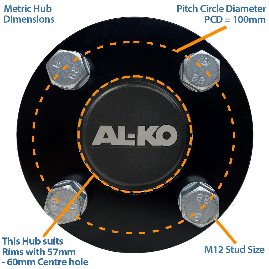 Hub & Stub axle 4/100 M12 wheel bolt  35x35mm Hi speed (ALKO) front view with text