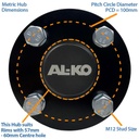 Hub & Stub axle 4/100 M12 wheel bolt  35x35mm Hi speed (ALKO) front view with text