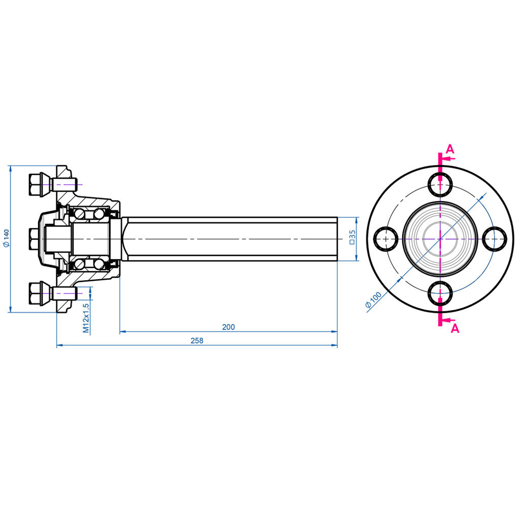 Hub/stub axle 35x35mm (Alko), drawing with dimensions