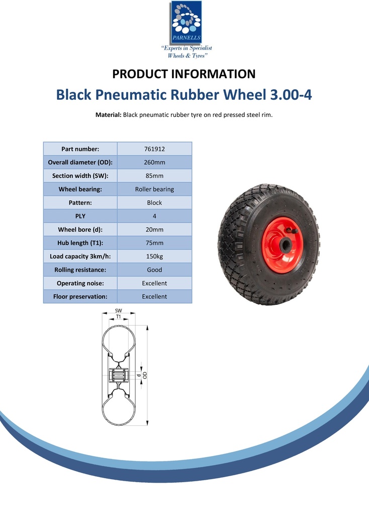 3.00x4 4ply red steel pneumatic wheel 20x75mm roller bearing 150kg - Spec sheet