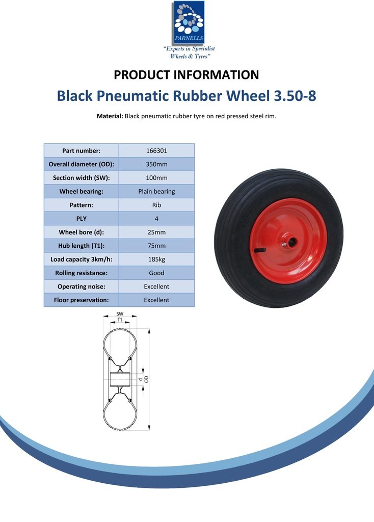 350x8 4ply red steel pneumatic wheel 25x75mm plain bearing 185kg - Spec sheet