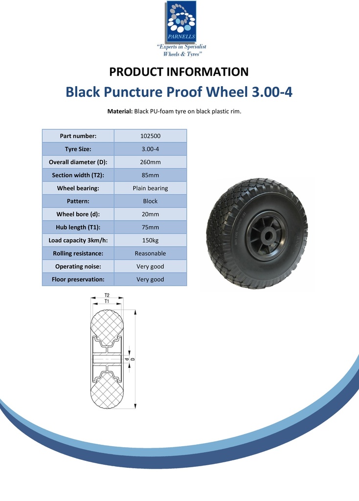3.00x4 Puncture proof wheel plastic rim 20x75mm plain bearing 150kg - Spec sheet