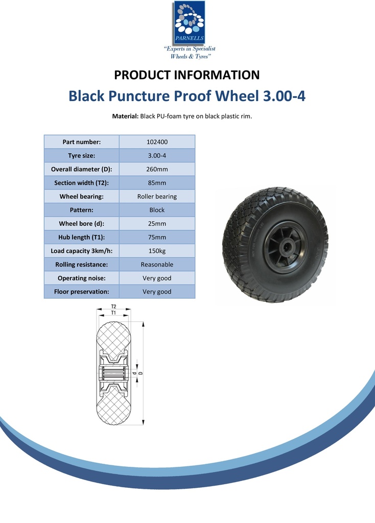 3.00x4 Puncture proof wheel plastic rim 25x75mm roller bearing 150kg - Spec sheet