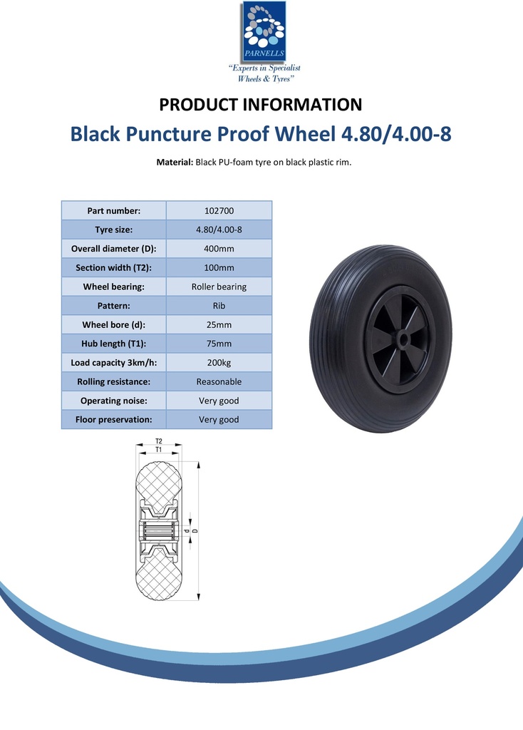 4.80/4.00x8 Puncture proof wheel plastic rim 25x75mm roller bearing 200kg - Spec sheet