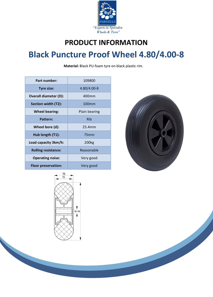 4.80/4.00x8 Puncture proof wheel plastic rim 25.4x75mm plain bearing 200kg - Spec sheet