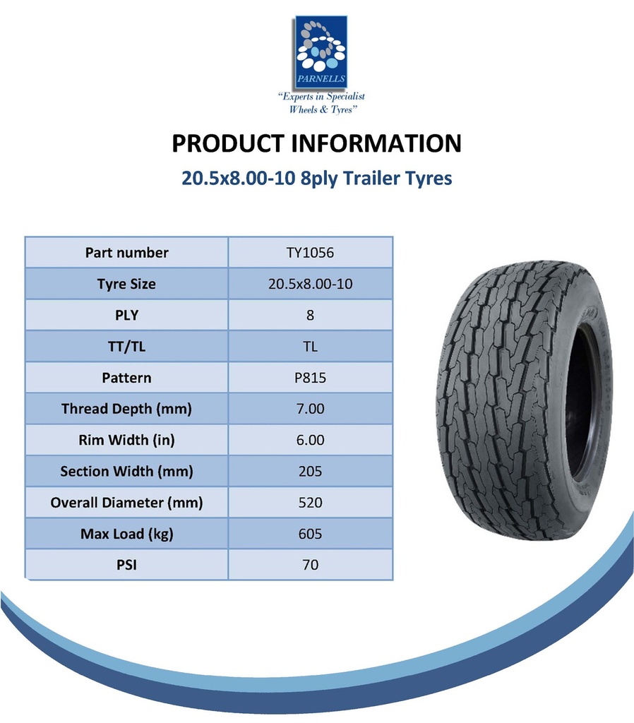 20.5x8.00-10 (205/65-10) 8pr Journey P815 high speed trailer tyre spec sheet