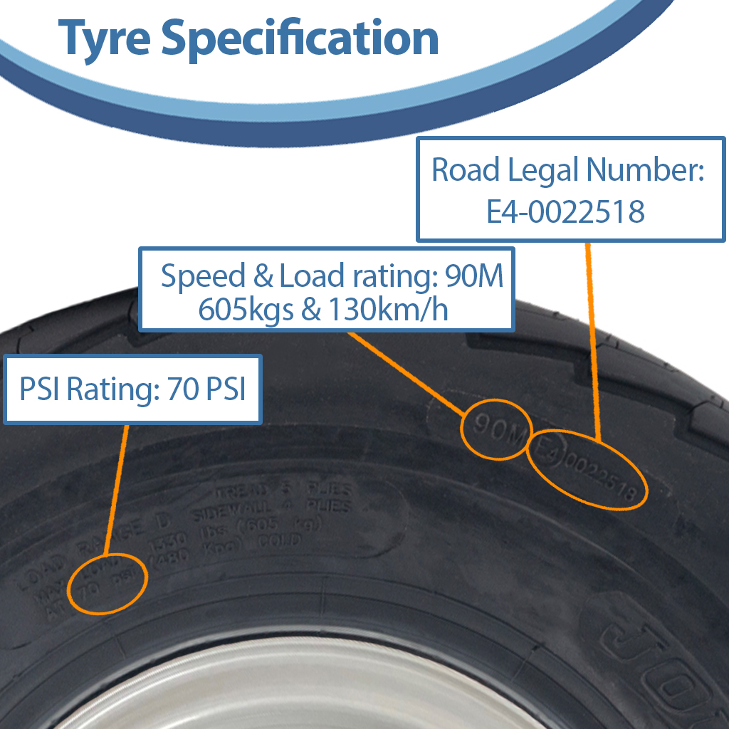 20.5x8.00-10 8pr Trailer tyre on steel rim 4/101.6/67, 605kg load capacity specification