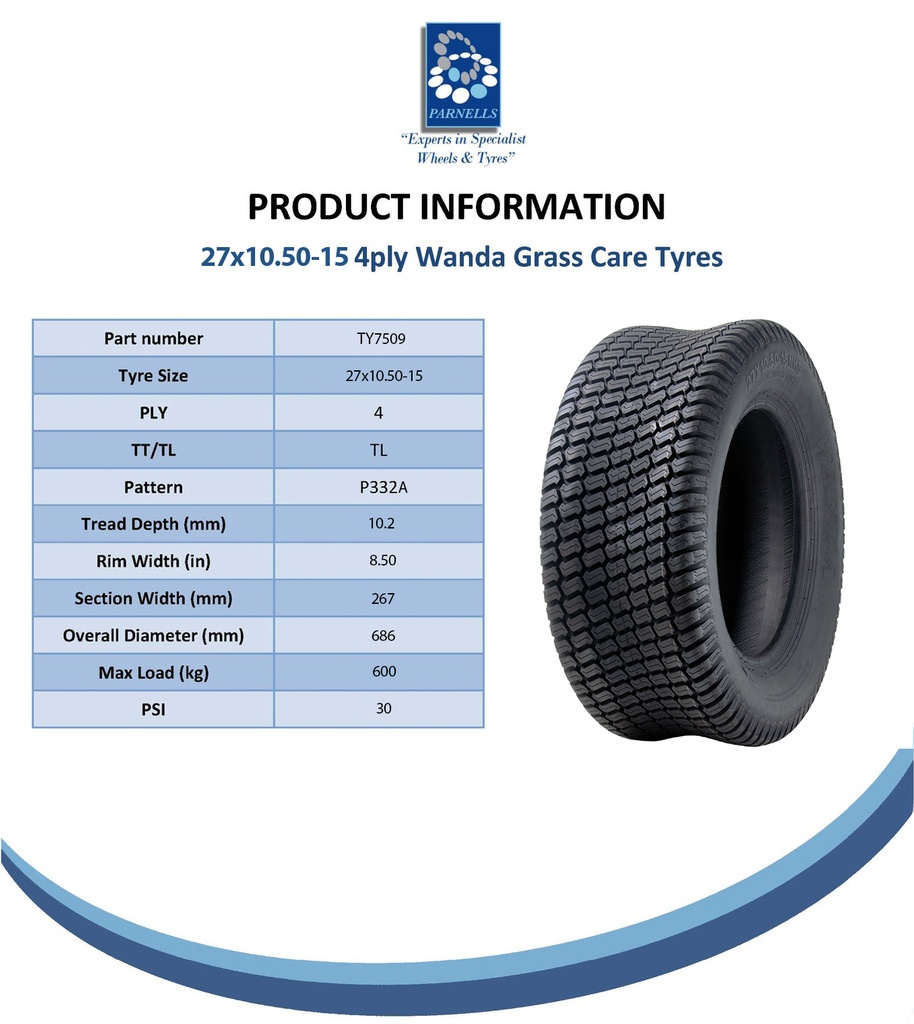 27x10.50-15 4pr Journey P332A grass tyre spec sheet