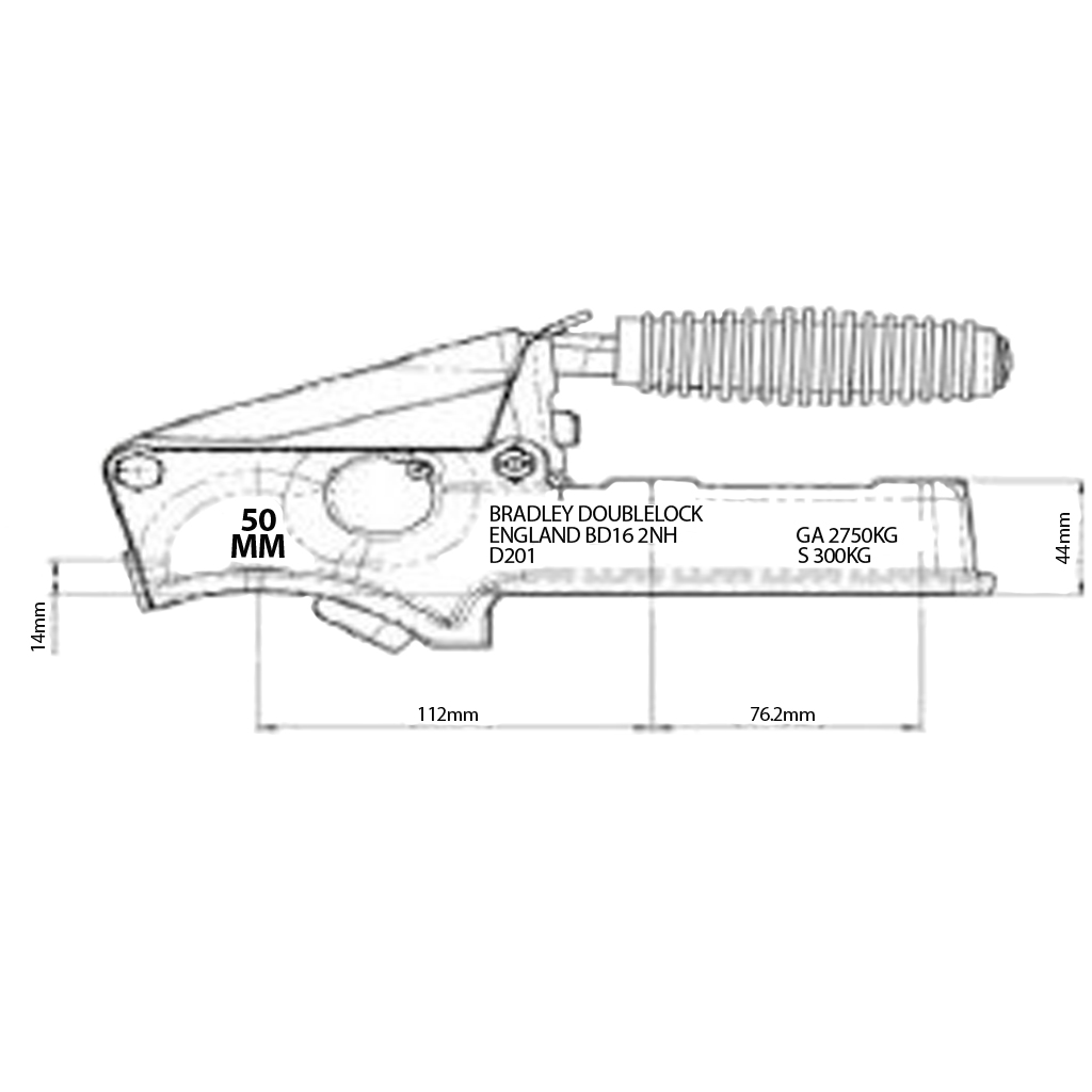 D201 Bradley 2 bolt cast hitch 2750kg capacity Drawing with Dimensions