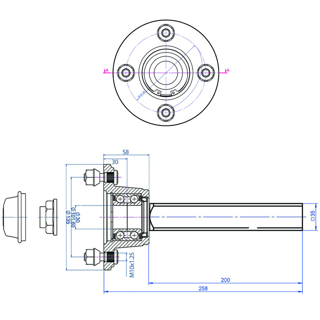 Hub & Stub axle 4/4" M10 STUD 35x35mm drawing with dimensions