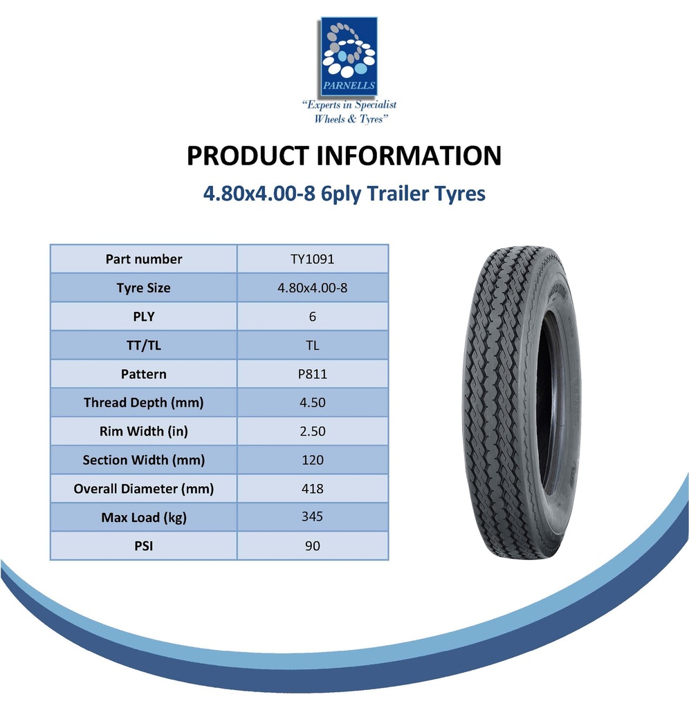 4.80/4.00-8 (120/90-8) 6ply Journey trailer wheel & tyre spec sheet