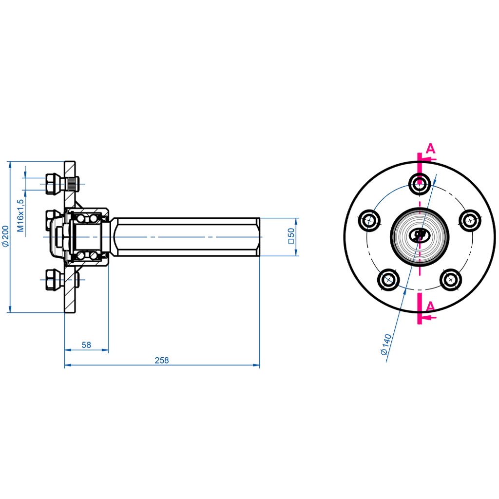 Hub & Stub axle 5/140 M14stud 50x50mm Drawing with Dimensions