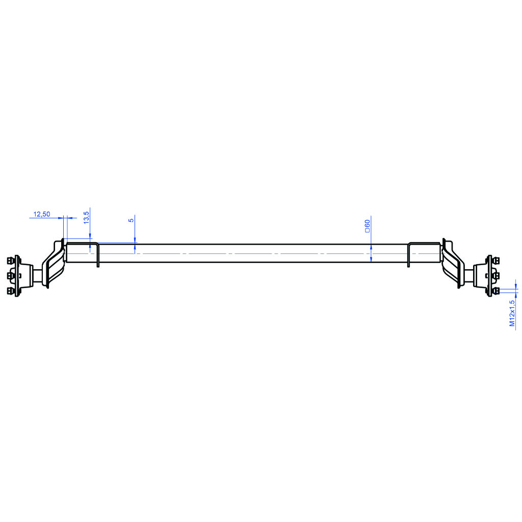 750kg Suspension beam axle - 4/100 hubs 1145mm holes Front View