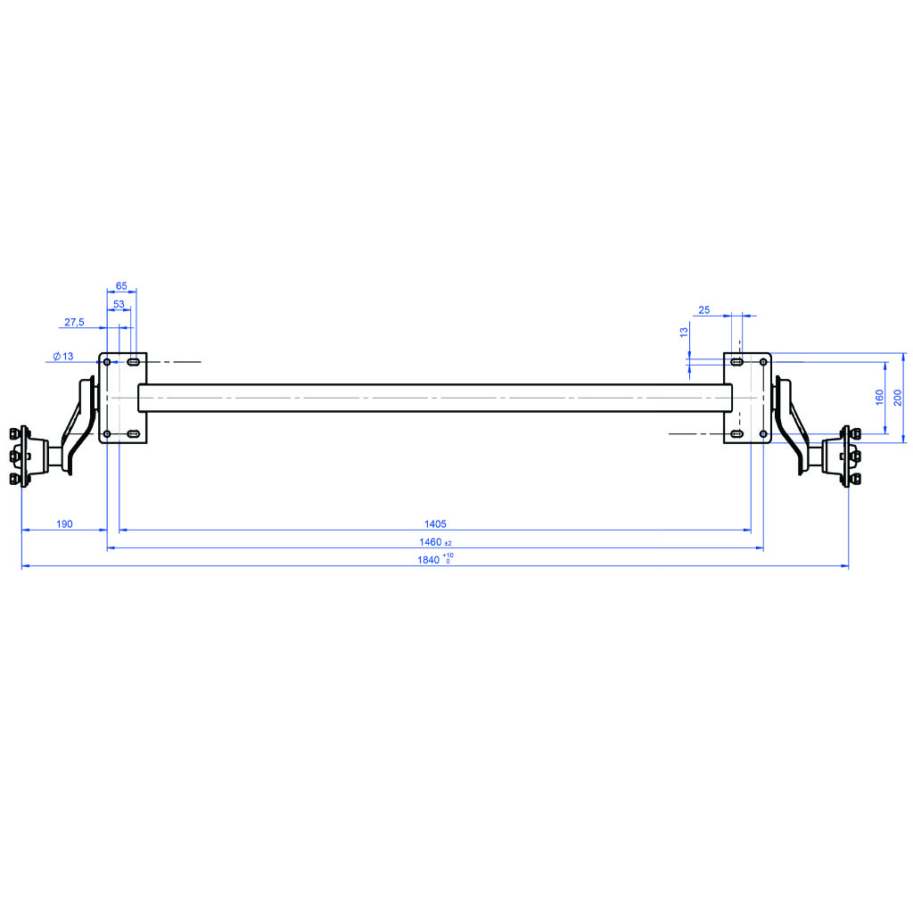 750kg Suspension beam axle - 4/100 hubs 1405mm holes Top View