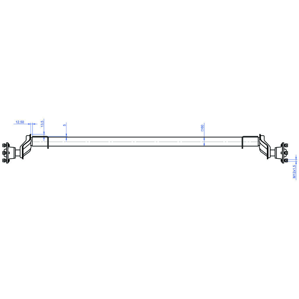 750kg Suspension beam axle - 4/100 hubs 1405mm holes Front View