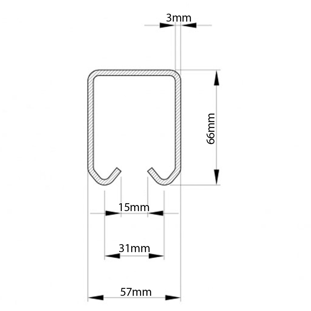 Overhead Track 57x66mm (per 3 metre length) - Dimensions