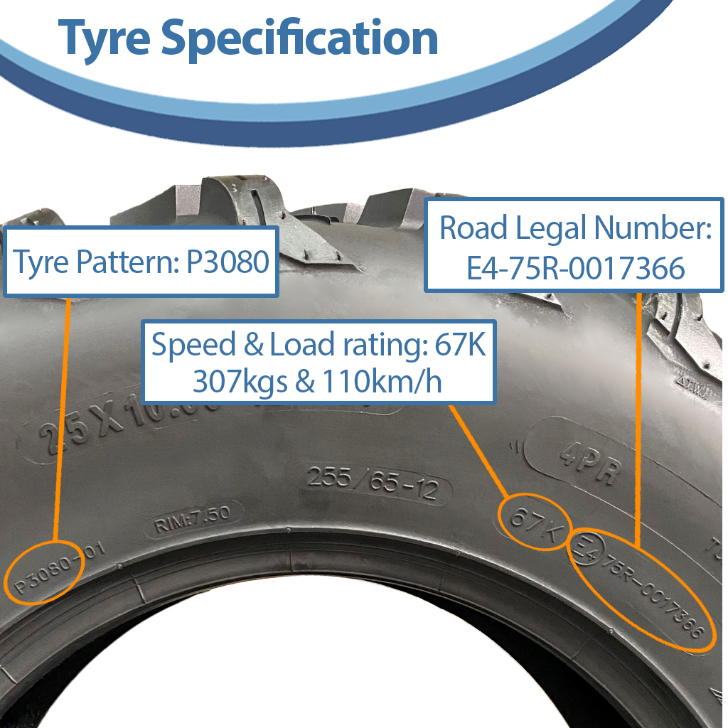 25x10.00-12 (255/65-12) 4ply OBOR Pinacle Tyre TL, 10psi, 67K, 307kg specification