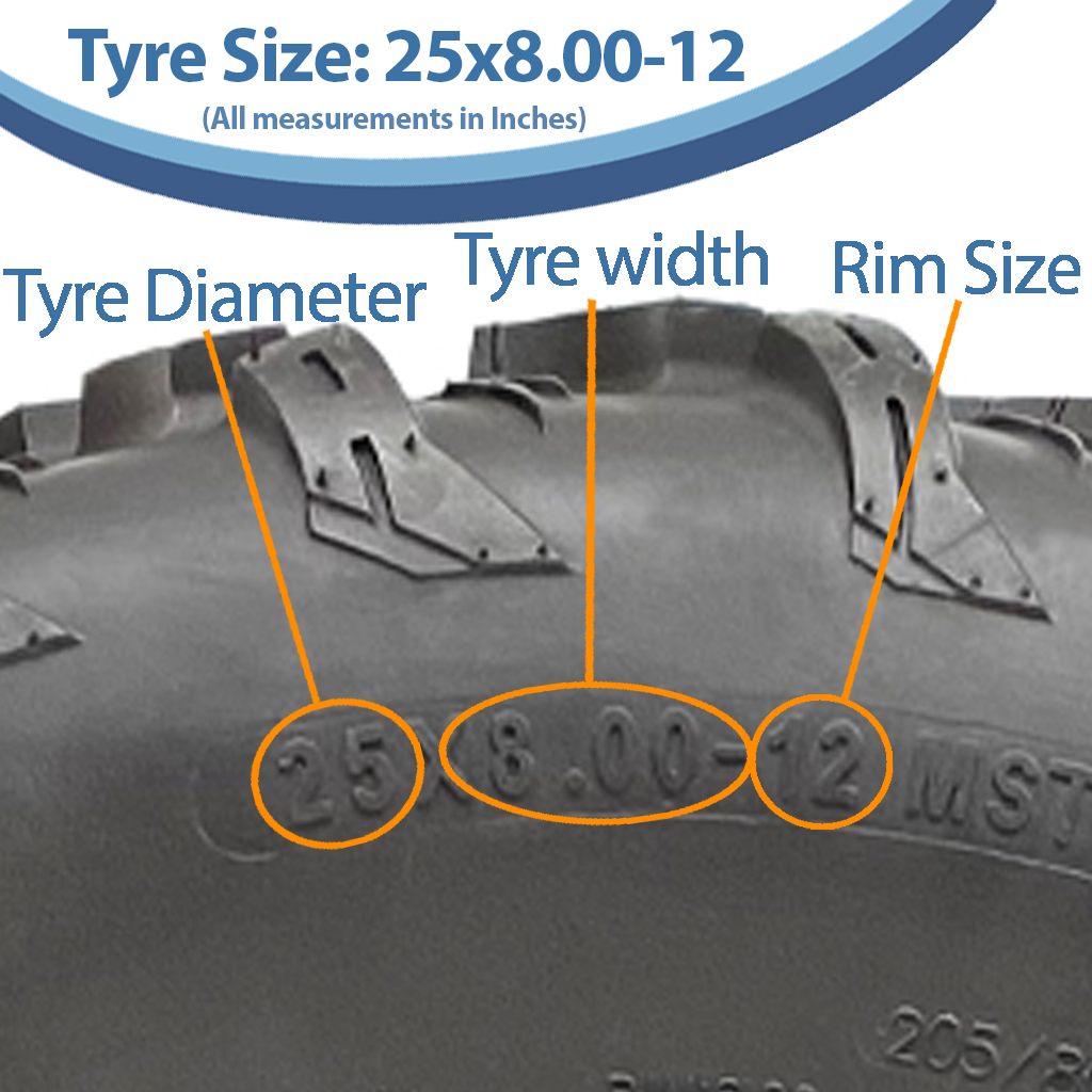 25x8.00-12 (205/80-12) 4ply OBOR Pinacle Tyre TL, 10psi, 61K, 257kg size with text