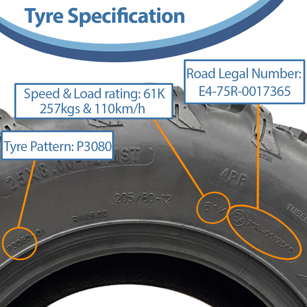 25x8.00-12 (205/80-12) 4ply OBOR Pinacle Tyre TL, 10psi, 61K, 257kg specification