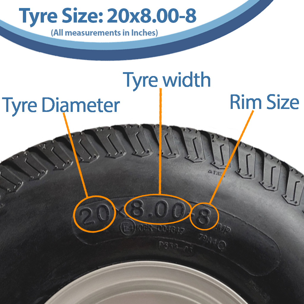 20x8.00-8 grass tyre on rim 4/4" size with text