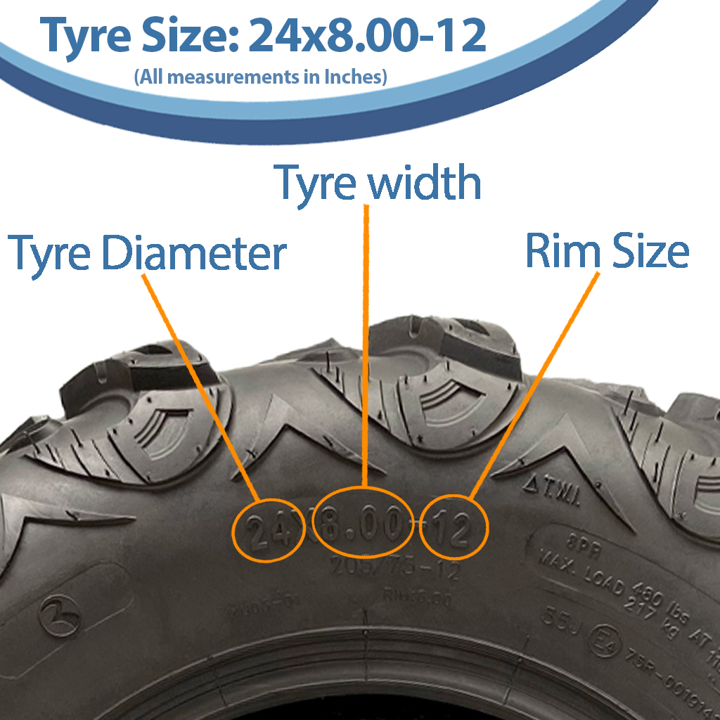 24x8.00-12 (205/75-12) 8ply OBOR Mudsling ATV Tyre TL, 16psi, 55J, 217kg size with text