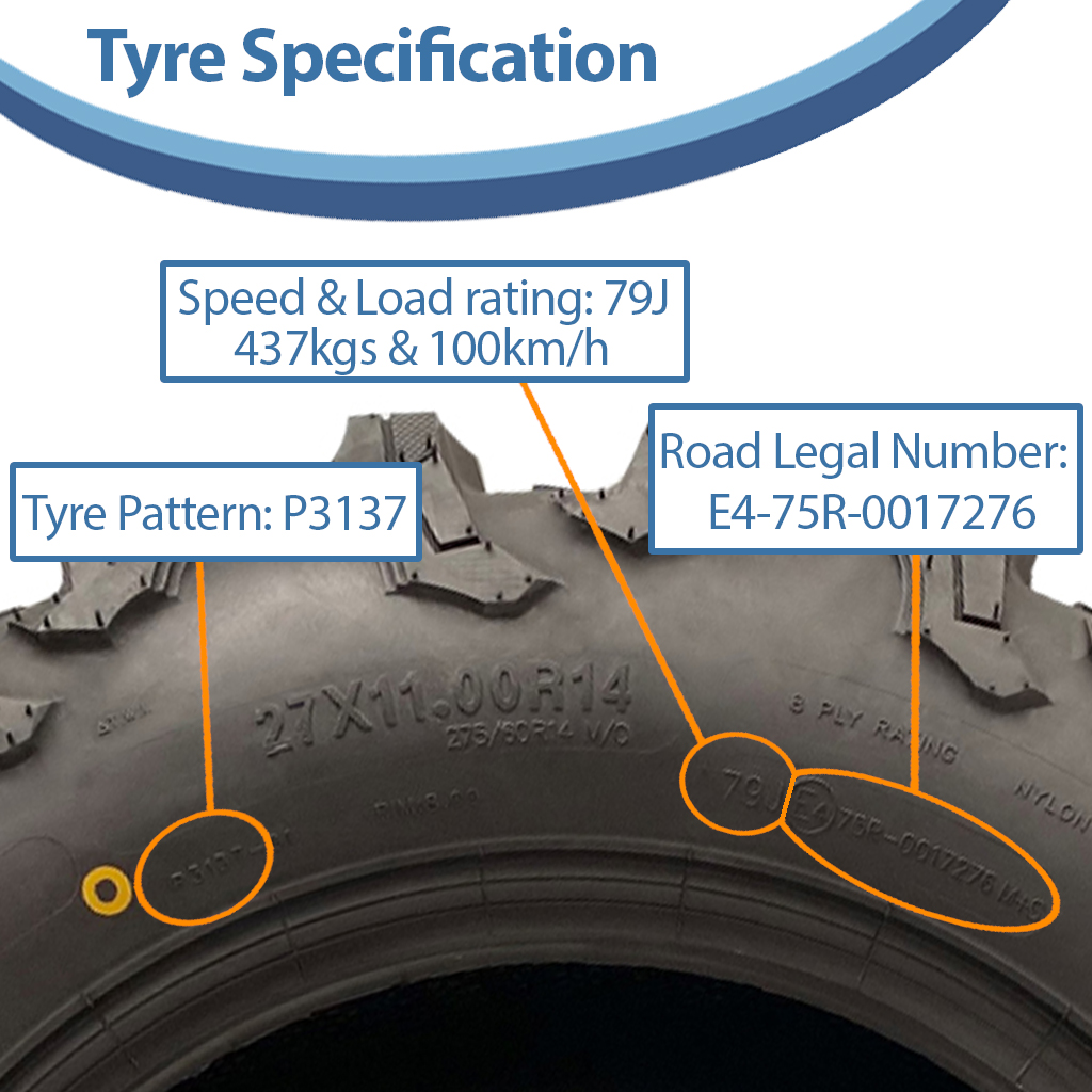27x11.00R14 (275/60R14) 8ply OBOR Outslope Tyre TL, 24psi, 79J, 437kg specification