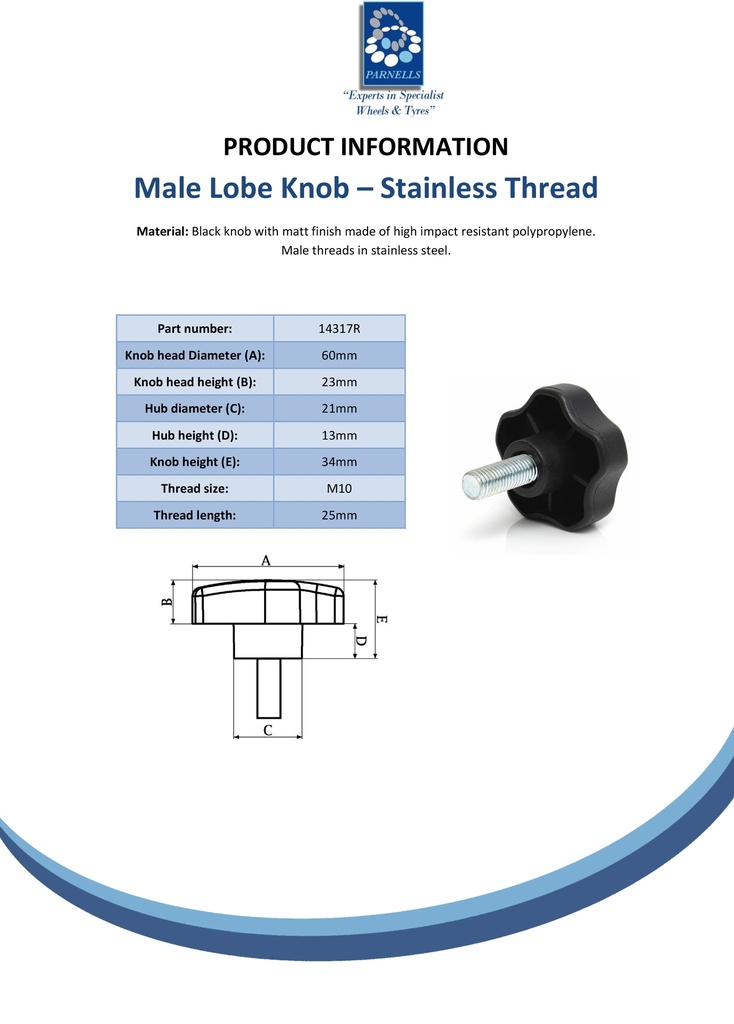 M10x25 thermoplastic lobe knob (Stainless thread) - Spec sheet