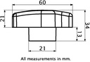 M12 female thermoplastic lobe knob (zinc insert) - Dimensions