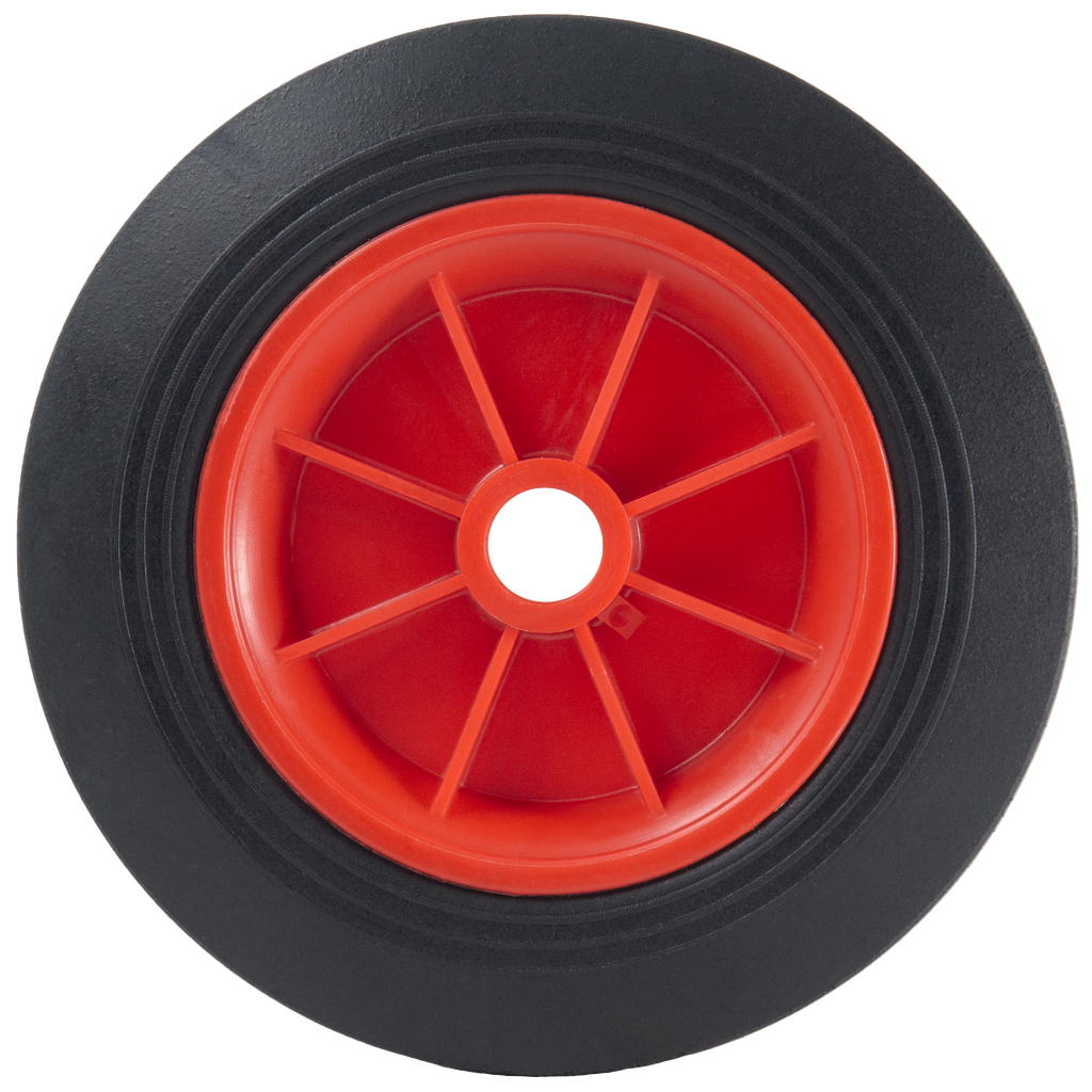 250mm black rubber on red polypropylene centre 25.4mm (1") bore hub length 51mm plain bearing 250kg side view