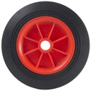 250mm black rubber on red polypropylene centre 25.4mm (1") bore hub length 51mm plain bearing 250kg side view