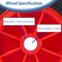 250mm black rubber on red polypropylene centre 25.4mm (1") bore hub length 51mm plain bearing 250kg specification