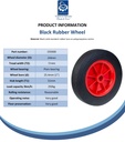 Wheel series 250mm black rubber on red polypropylene centre 25.4mm (1") bore hub length 51mm plain bearing 250kg spec sheet