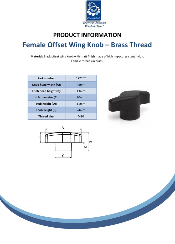M10 female thermoplastic wing knob (Brass insert) - Spec sheet