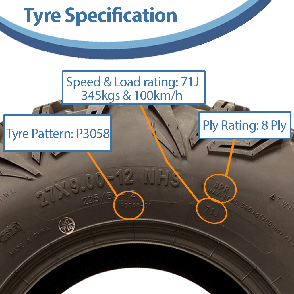 27x9.00-12 (225/80-12) 8ply OBOR Cypress Tyre TL, 20psi, 71J, 345kg specification