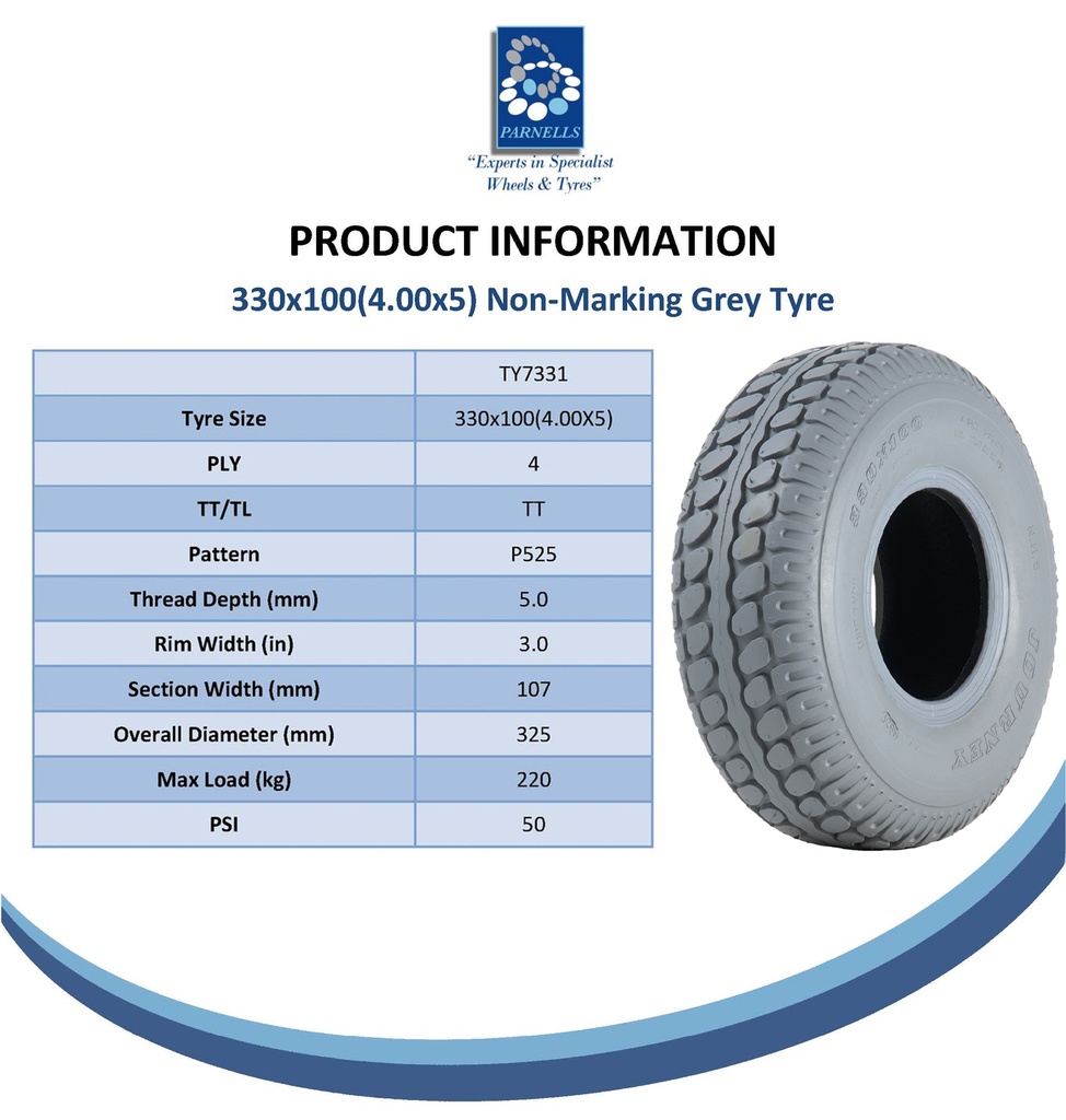 330x100 (4.00x5) 4pr Journey P525 grey non-marking tyre Spec Sheet