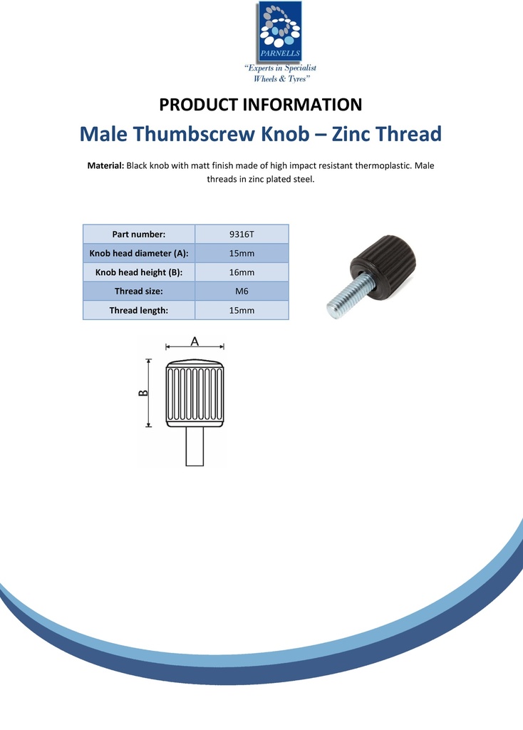 M6x15 thermoplastic thumbscrew knob (zinc thread) - Spec sheet