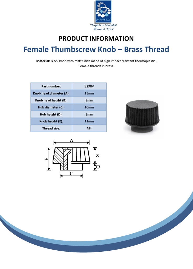 M4 female thermoplastic thumbscrew knob - Spec sheet