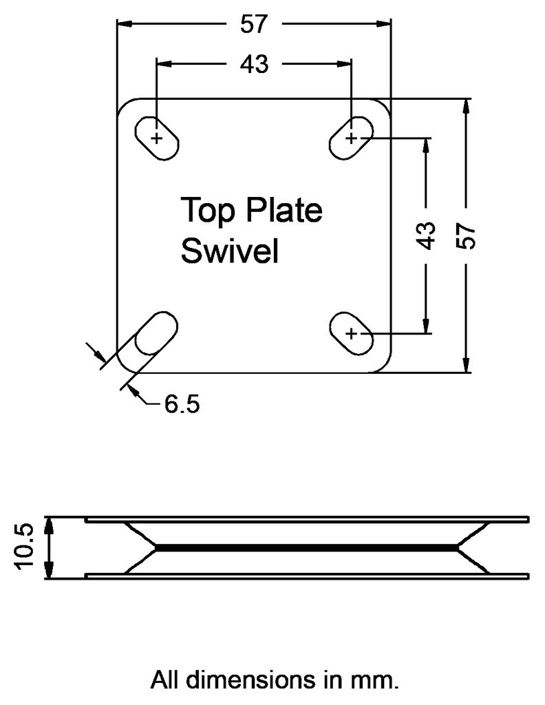 Double swivel plate 57x57mm 50kg - Dimensions