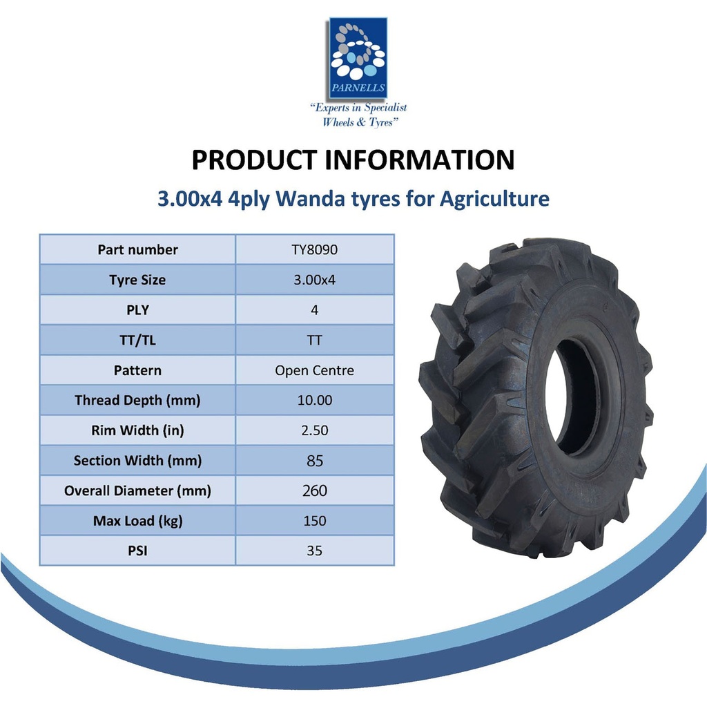 3.00x4 open centre tyre spec sheet