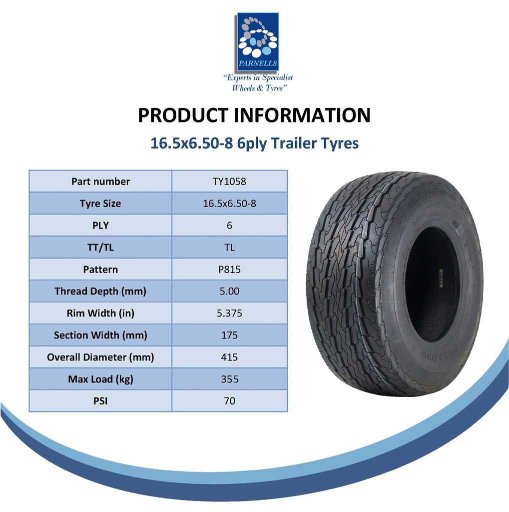 16.5x6.50-8 6ply trailer wheel & tyre spec sheet