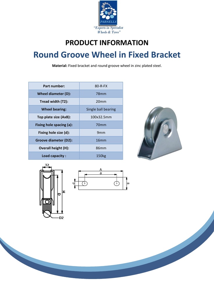 80mm Round groove wheel in fixed bracket - Spec sheet
