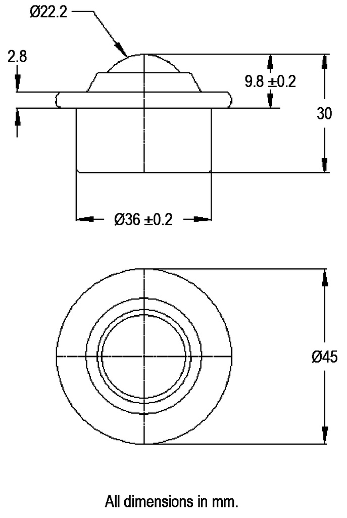 Ball Transfer Unit Euro Series Stainless Steel Load Ball Diameter 22.2mm - Dimensions