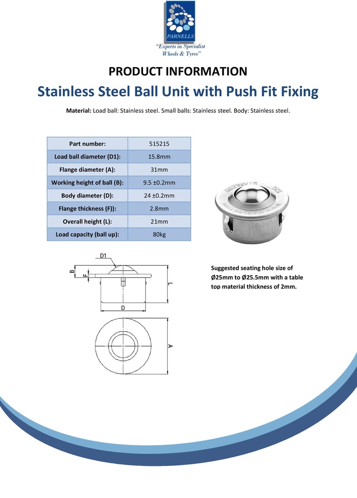 Ball Transfer Unit Euro Series Stainless Steel Load Ball Diameter 15.8mm, Built In Clip - Spec sheet