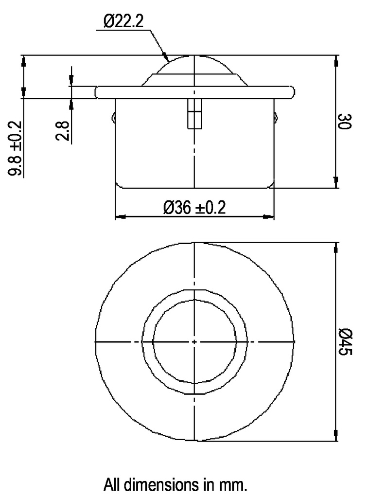 Ball Transfer Unit Euro Series Carbon Chrome Load Ball Diameter 22.2mm, Built in Clips - Dimensions